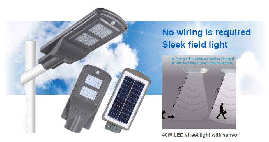 No wiring is required, Sleek field light with 40W LED street light with sensor